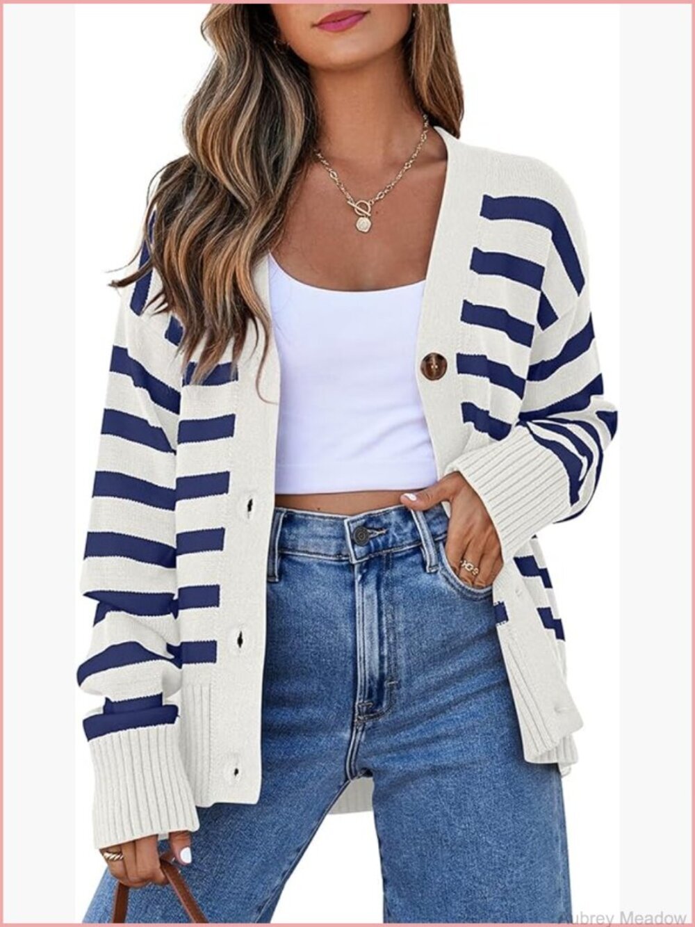 Striped V-Neck Cardigan Sweater Lightweight Open Front Button Down Knit